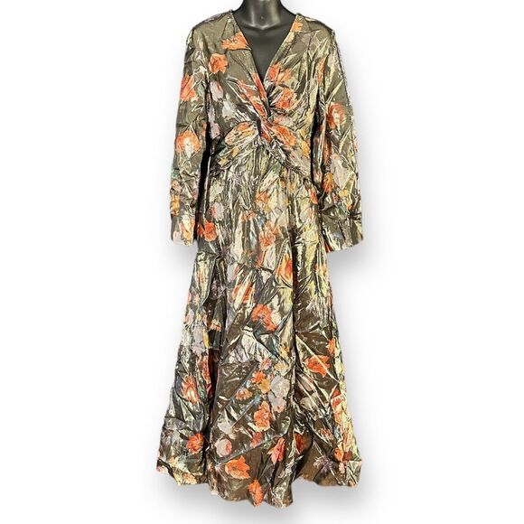 Anthropologie x Caballero Deep V-Neck Metallic Floral Maxi Dress Brown Motif - Picture 5 of 8